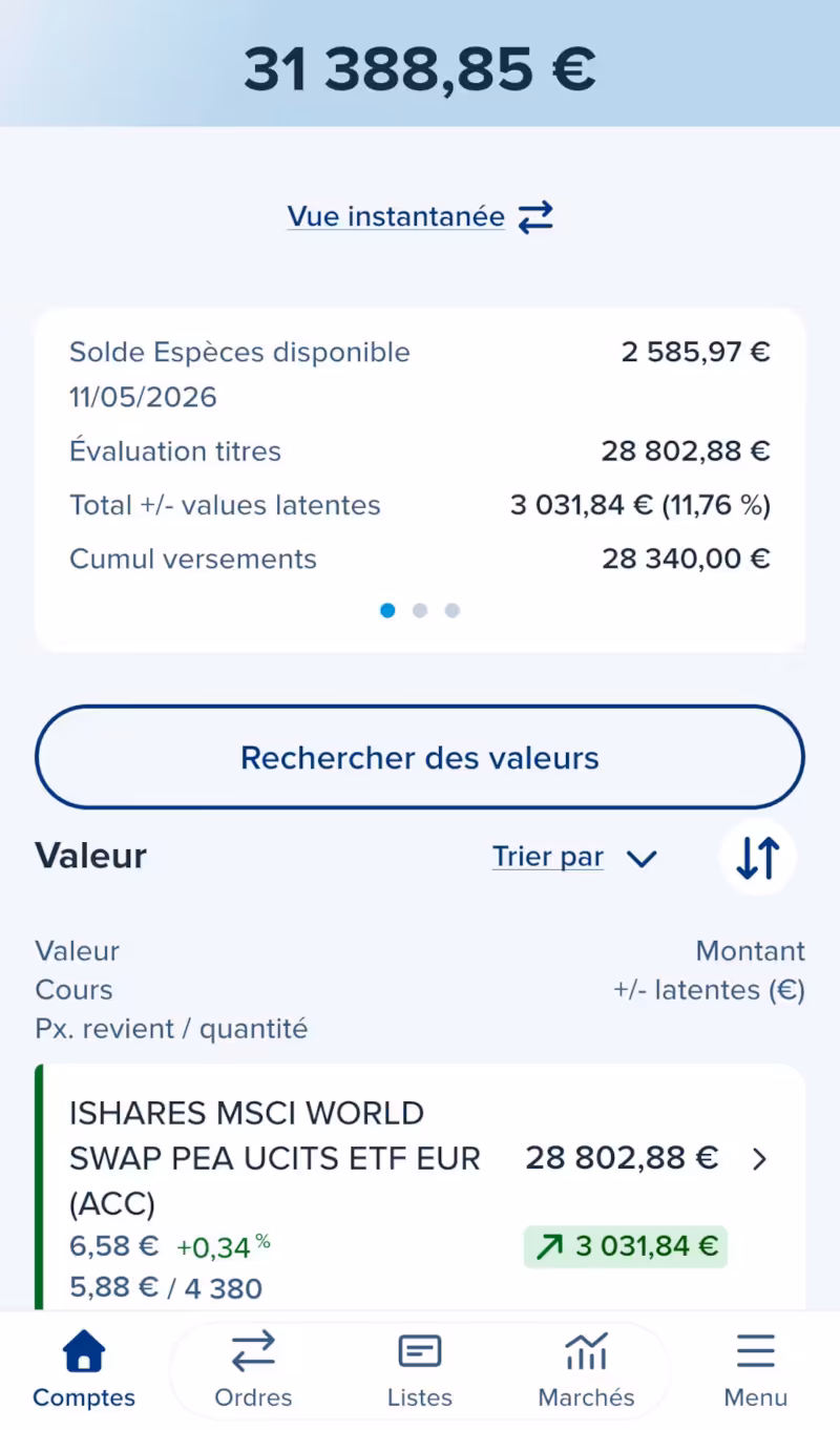 Aperçu de l’application mobile d’un PEA ouvert chez BoursoBank.